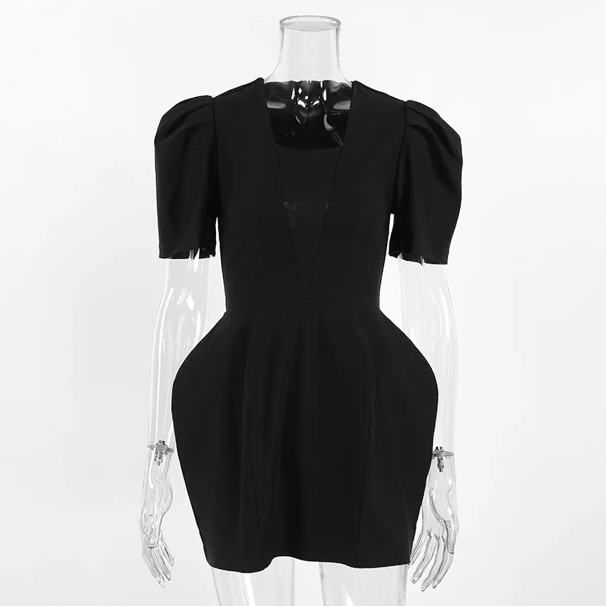 Womens Dresses 2026 New Spring Summer Solid Color Square Neck Bubble Sleeves Cinched Waist Commute Elegant Mini Dress