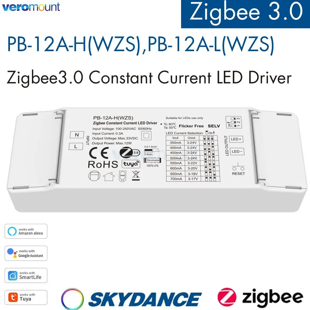 110V 220V to 3-24VDC 1CH*(350-700mA) PB-12A-H(WZS) 9-45VDC 1CH*(100-450mA) PB-12A-L(WZS) 12W Zigbee Constant Current LED Driver