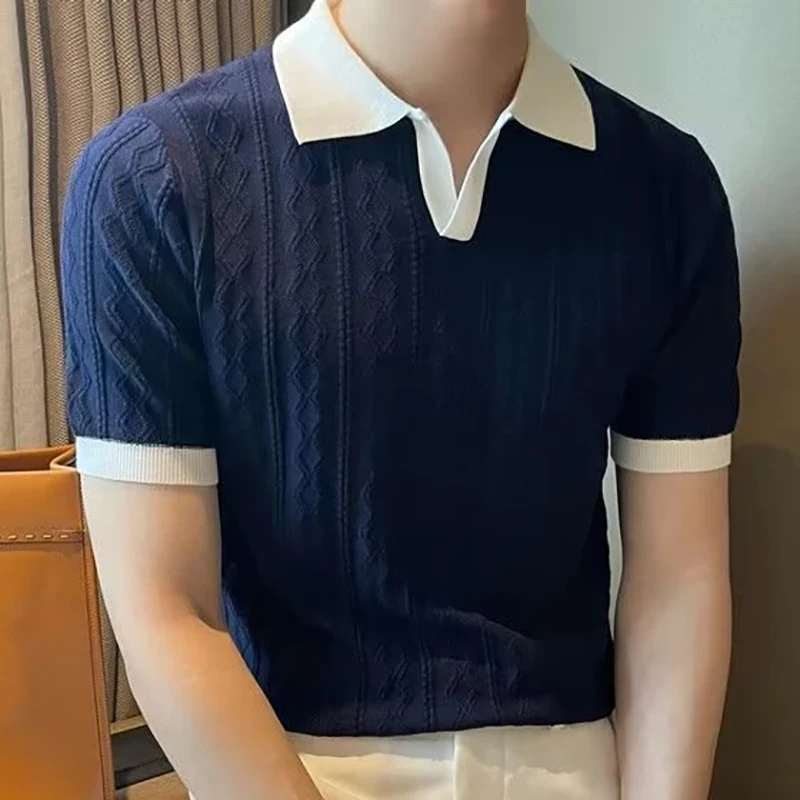Herren Strick-Poloshirt Sommer Mode Lässiges Kontrastfarben-Revers Kurzarm-T-Shirt Polo Business Slim-Fit Eleganter Pullover
