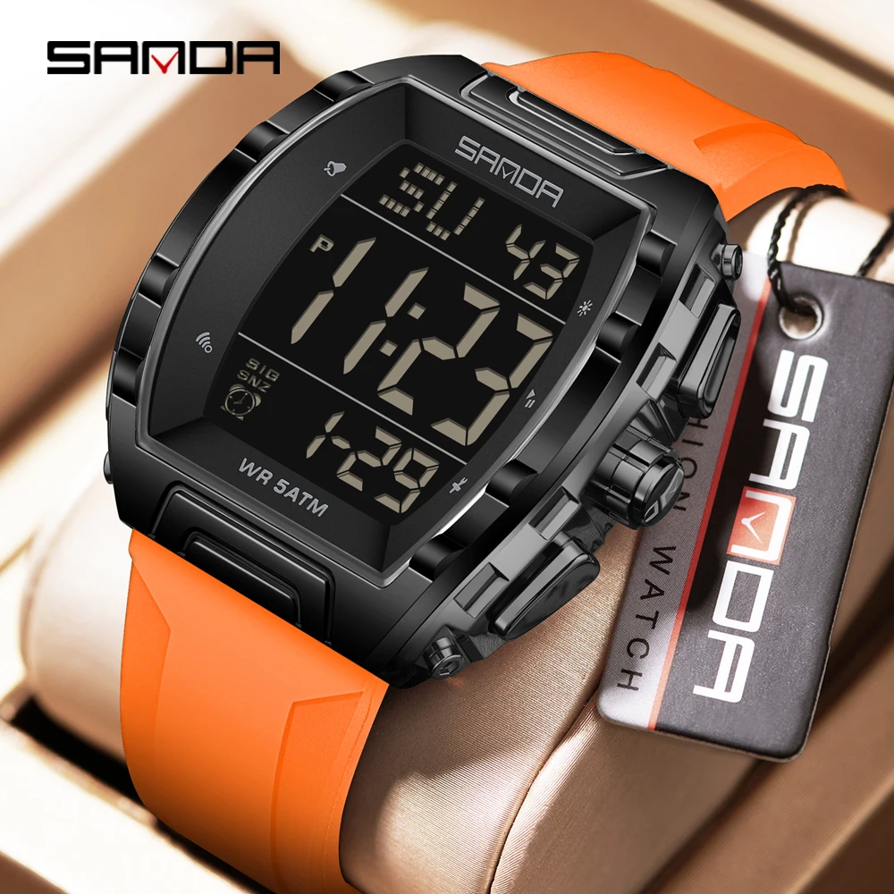 Модные мужские спортивные часы Sanda 6286 класса люкс с LED-подсветкой, водонепроницаемые, с таймером обратного отсчета, календарем и ночной подсветкой, силиконовый ремешок в форме винной бочки.