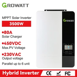 Growatt 3500W MPPT Hybrid Solar Inverter 48V 220VAC Pure Sine Wave Solar Inverter 3KW With MPPT 80A Charge Controller With Wifi