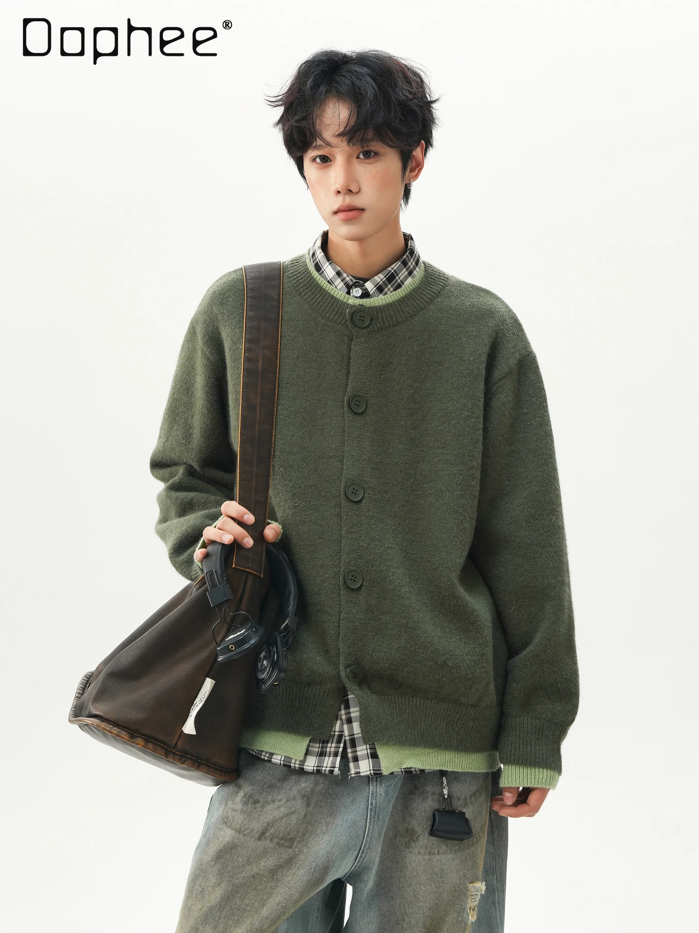 

Осень-зима 2025 г., винтажный красный, зеленый, искусственный двухсекционный кардиган, свитер, мужская свободная повседневная черная, серая вязаная куртка