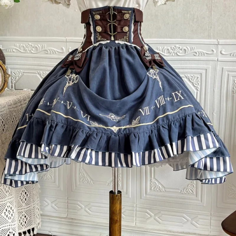 빈티지 로리타 블라우스 코르셋 스커트 세트 여성 레트로 클래식 로리타 의상 러플 레이스 하이웨이스트 시계 프린트 스트라이프 밑단 드레스