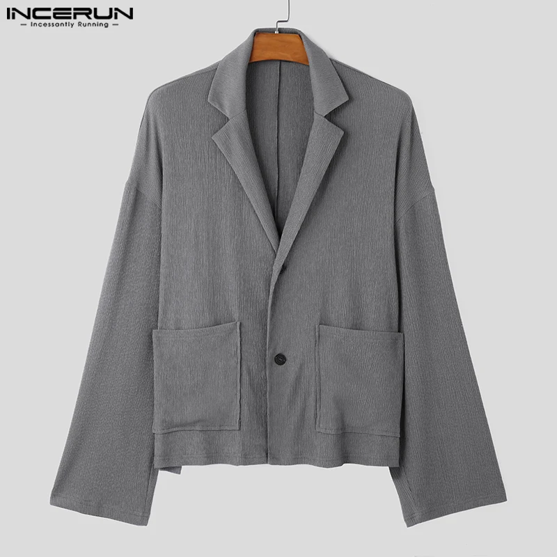 INCERUN Stylish New Men's Clothing Pleated Texture Suit Coats Casual Well Fitting Male Solid All-match Long Sleeved Blazer 2024