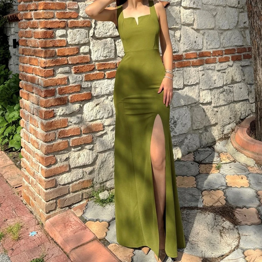 

Square Neck Spaghetti Straps Sheath Sleeveless Floor Length Jersey Zipper Back Solid Color Evening Dresses For Formal Occasions