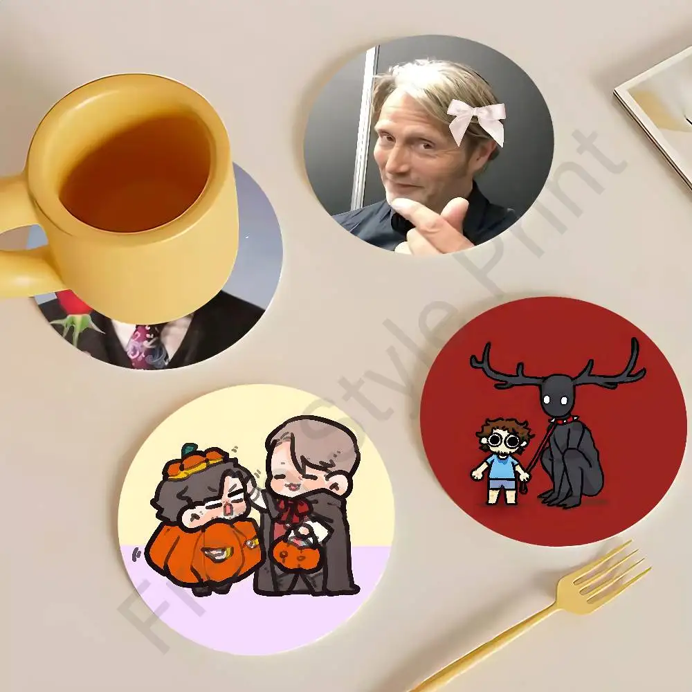 

H-HannibalS and Will Chibi Heat Resistant Round Wooden Coasters Non-slip Drink Cafe Decoration 2D Flat Color Print Coasters