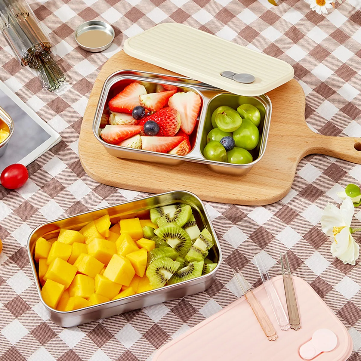 1/2 Grids 304 Stainless Steel Bento Lunch Box Picnic Portable Heat-resistant Sealed Fruit Salad Food Container For Kids Students