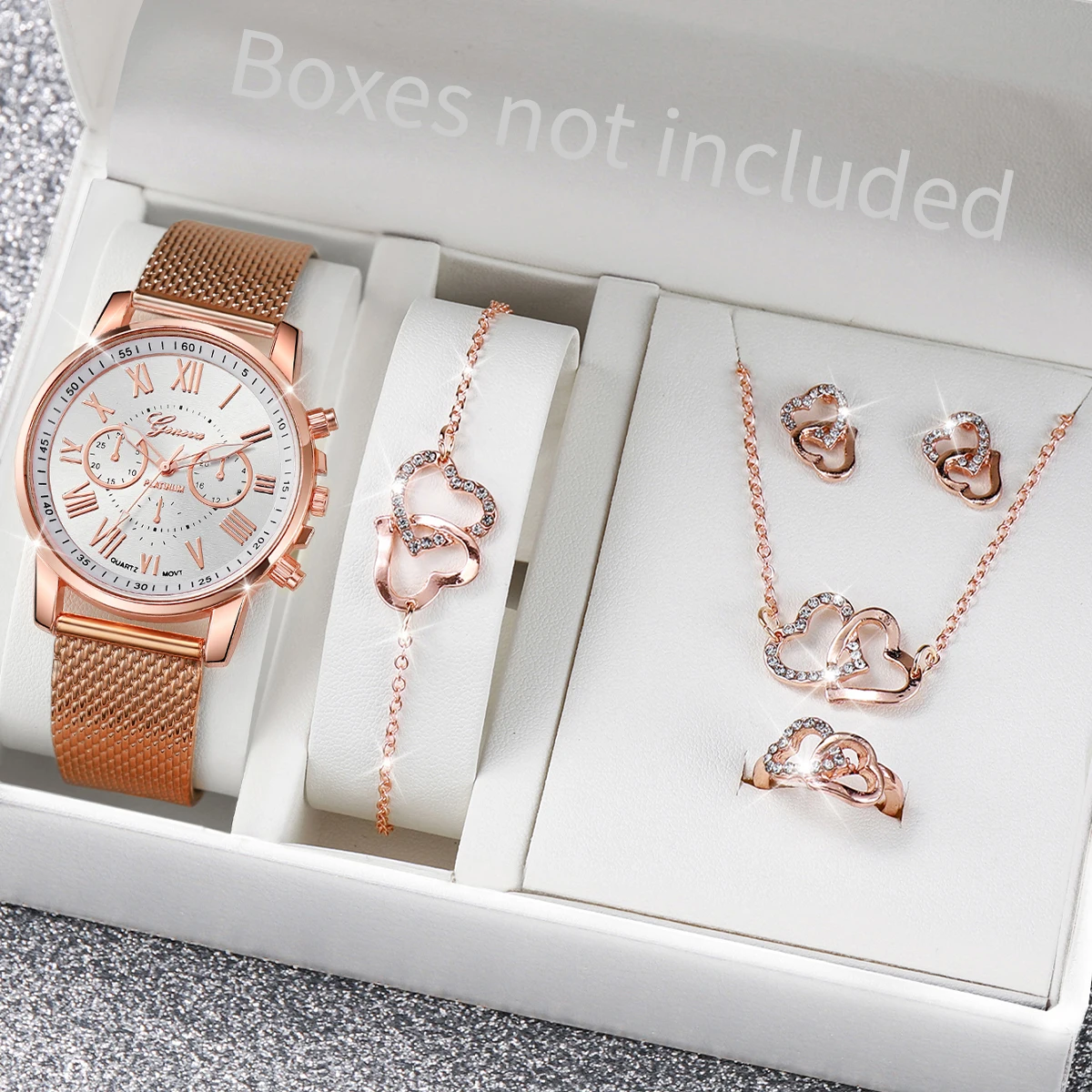 5PCS/Set Geneva Watch Fashion Plastic Band Women Watches Rhinestone Heart Jewelry Set Ladies Quartz Watch（Without Box）