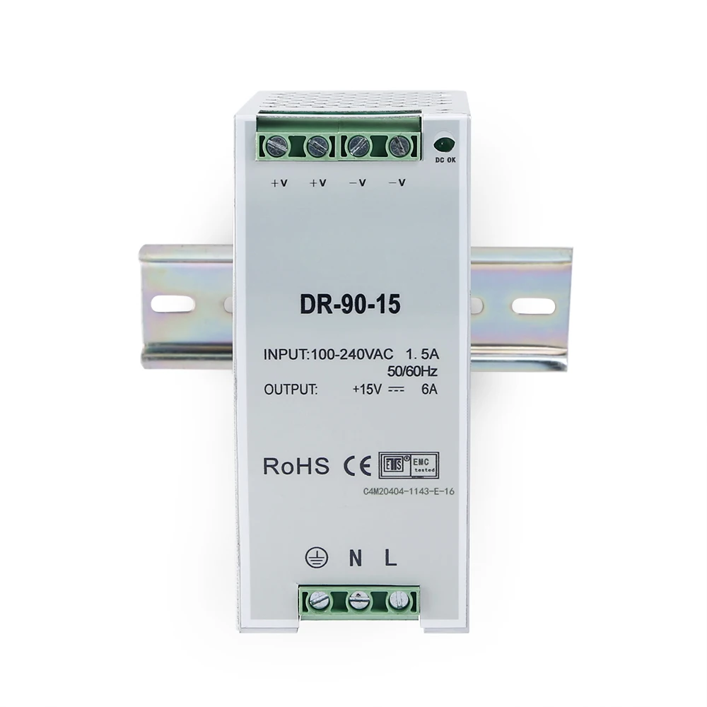 90W 15V 6A DIN Rail Power Supply DR-90-15 AC100-240V LED for CCTV Intercom Doorbell Security Overload Protection CE RoHS