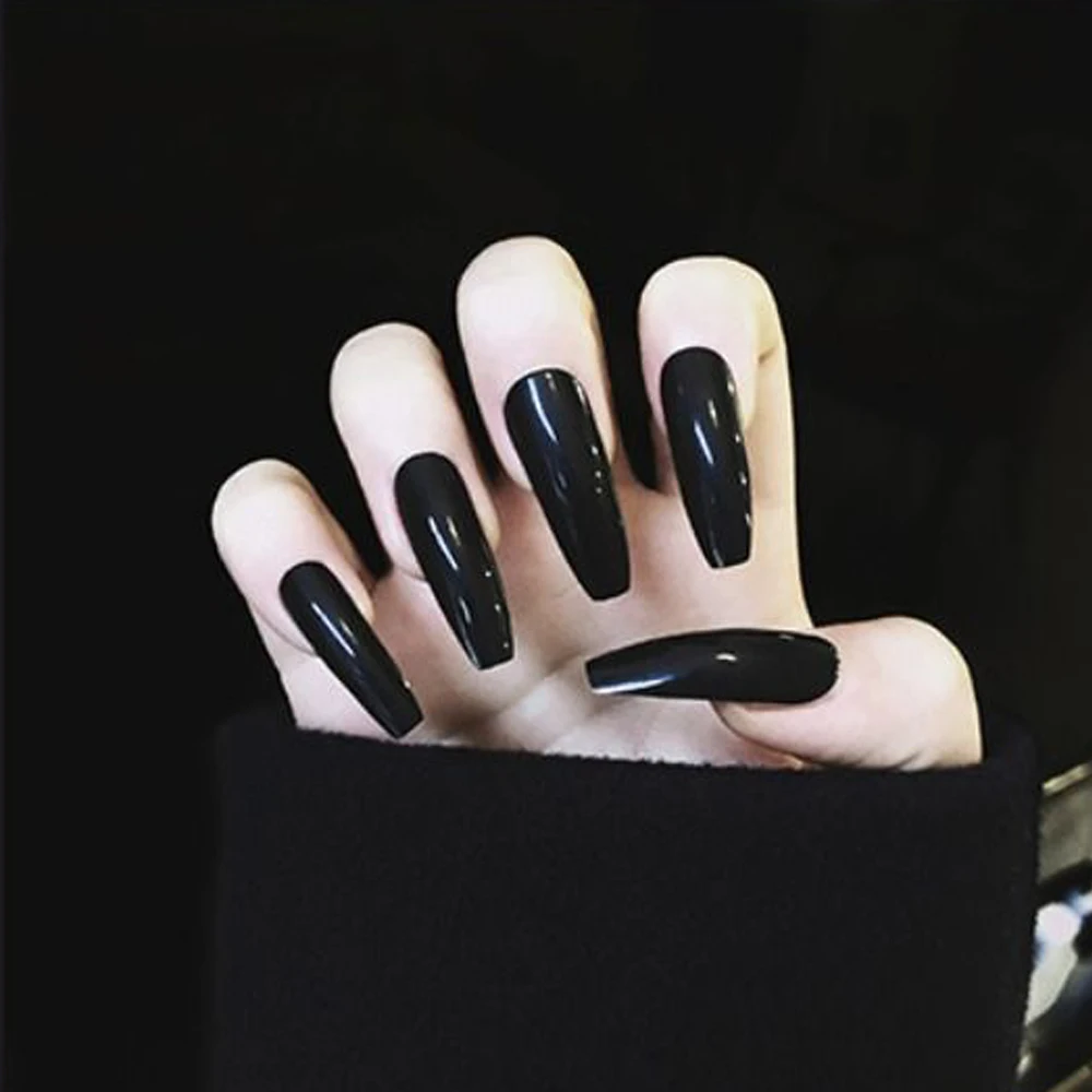 أظافر مزيفة براقة بلون سادة للنساء ، مانيكير ، باليه طويل ، قابل للفصل ، غطاء كامل ، أطراف أظافر بالضغط ، جديدة ، 24: 50 في الصندوق