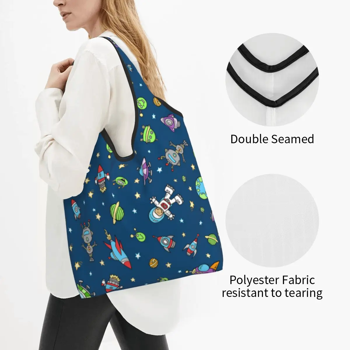 Custom Outer Space Doodle Shopping Bag Women Portable Large Capacity Groceries Universe Astronaut Spaceship Tote Shopper Bags