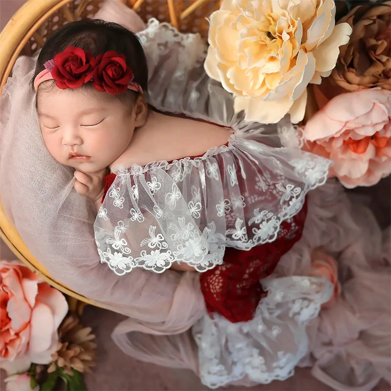 Newborn Girl Photo Shoot Clothing Lace Jumpsuit Ruffles Lace Rompers Photography Costumes Headband 2pcs/set