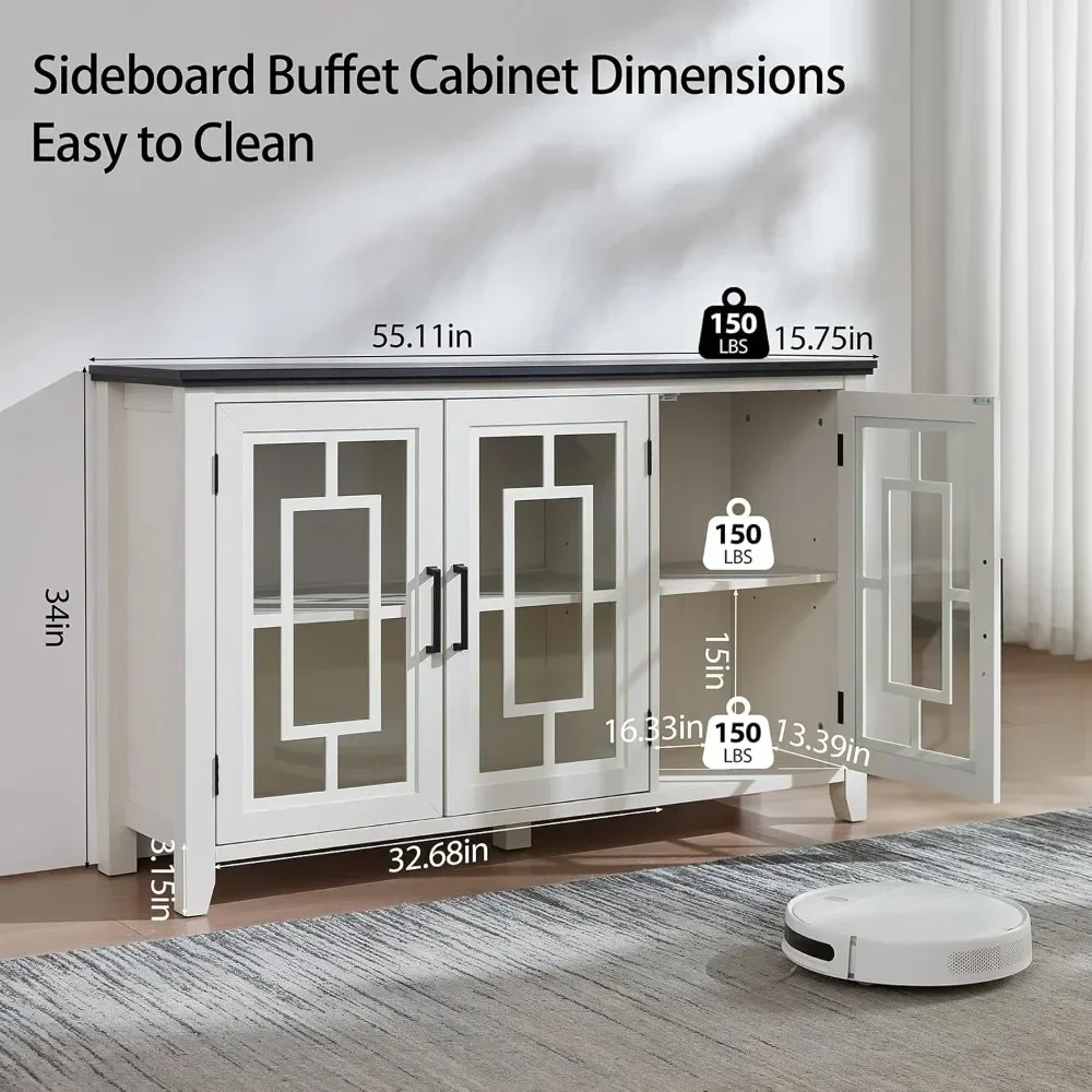 

Бестселлер: Прочный большой буфет-сервант с местом для хранения, 55-дюймовый белый кухонный шкаф в стиле фермерского дома для кофе и вина с 3 стеклянными дверцами