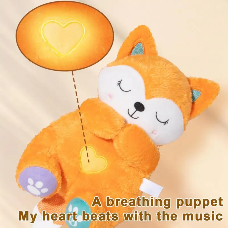 Música de pelúcia Fox Toy para crianças, efeito de respiração Stuffed Animal Huggable Plushies, Light Up Cartoon Doll, Kids Gifts, 33cm