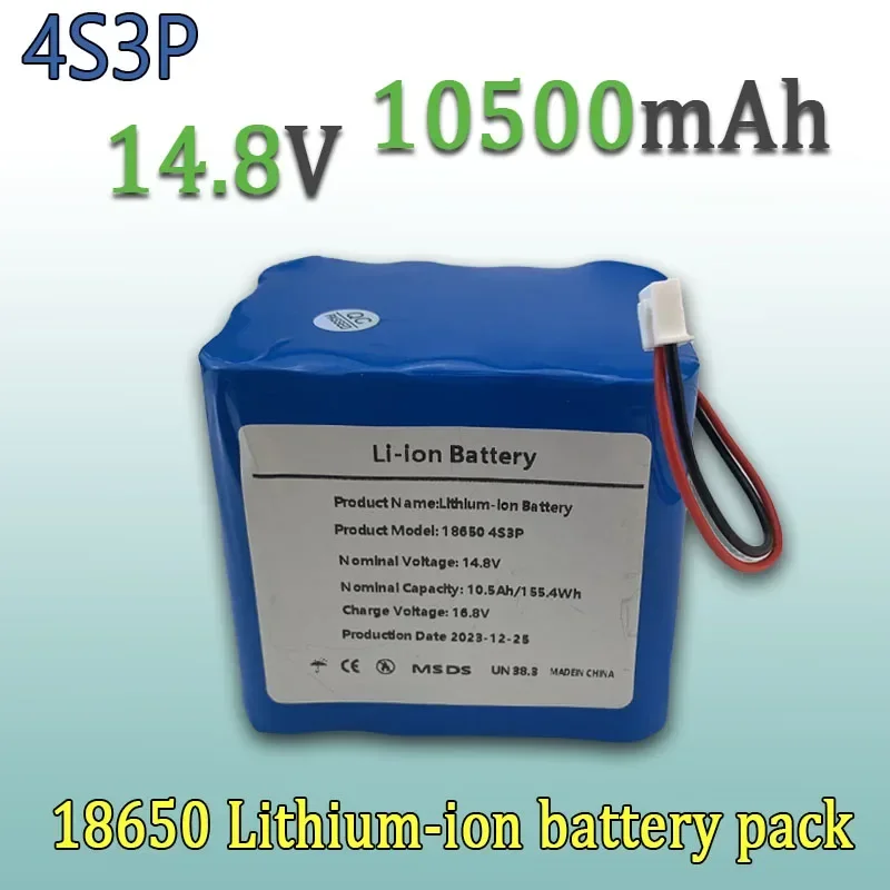 

14.8V 10500mAh 18650 rechargeable lithium 4S3P battery pack 14.4V 10.5Ah with built-in intelligent BMS，16.8V 2A charger
