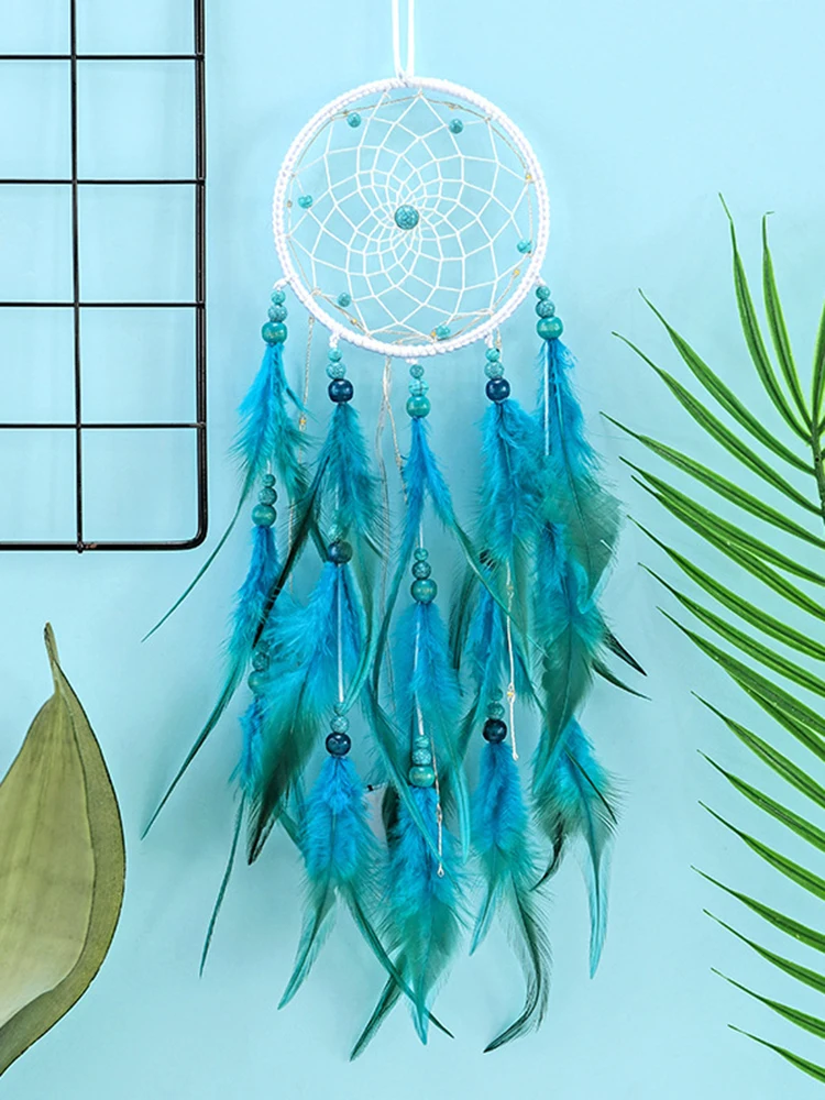 Blue Feather Dream Catcher Wind Chimes Creative Handmade Bedroom Wall Hanging Ornaments Birthday Festival Gifts Home Decorations