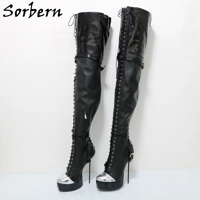 Sorbern Super Thin High Heel Boots For Women Stilettos Silver Round Toe Visible Platform Shoes Crotch Thigh High (Eu45 In Pic)