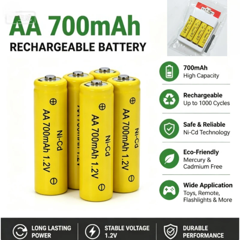 AA Ni-Cd Rechargeable Battery 1.2V 700mAh High Performance NiCd Cell Replacement for RC Vehicle Remote Control Car