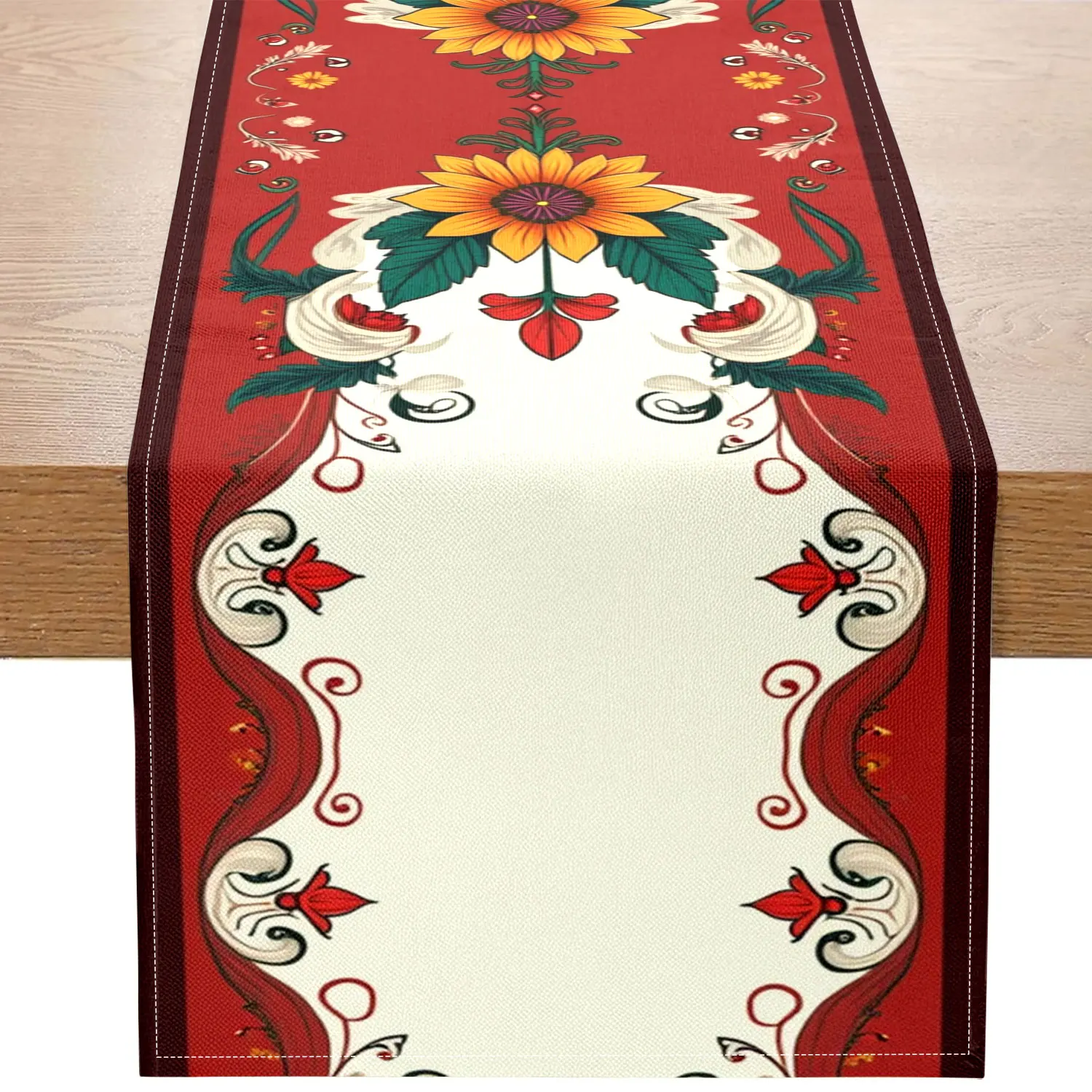 

1 Piece Mexican-Style Table Runner, Decorated with White Borders and Floral Patterns, Suitable for Exotic Home Decor and Cultural Events