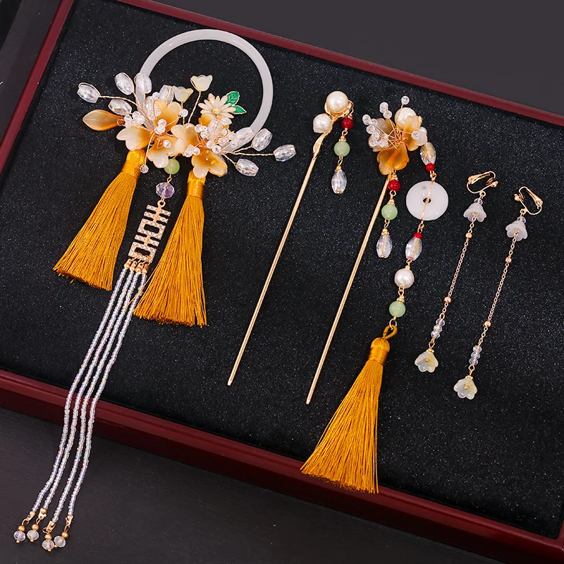 Pearl Tassel Hair Stick Hair Ring Set with Flower Hairpin Chinese Style Hanfu Clothing Chopsticks Hair Styling Hair Accessories