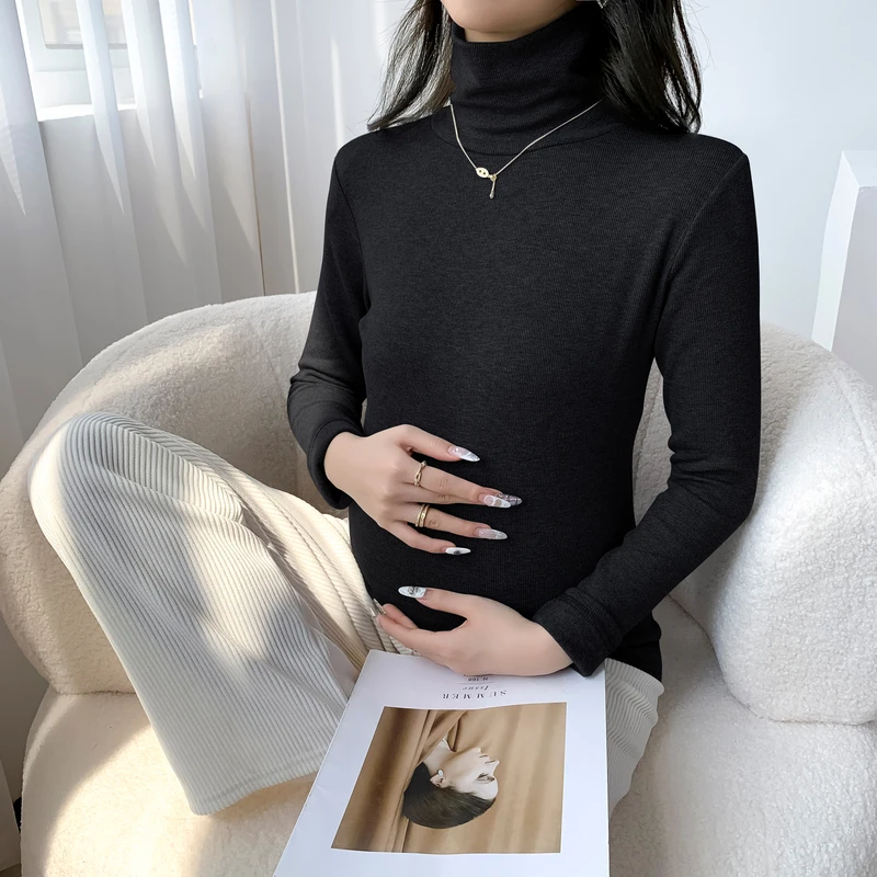 Korean Style Maternity Fleece T-shirt Winter Long Sleeve Turtleneck Fashion Pregnant Woman Basic Shirts Stretched Thick Warm Top