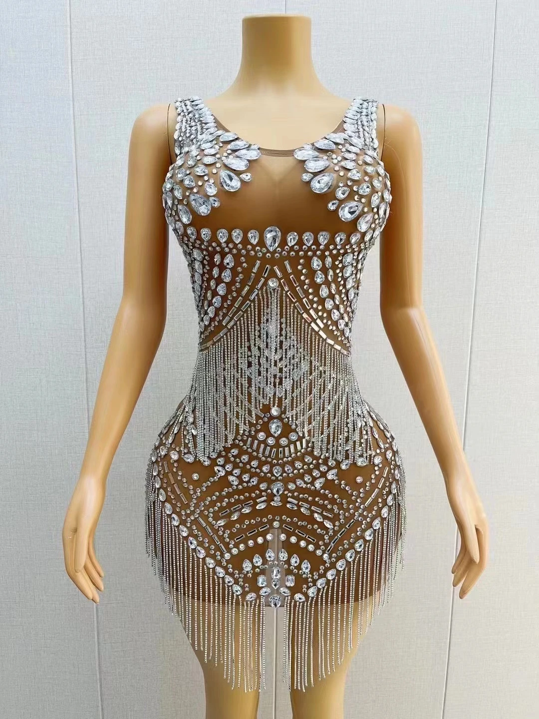 Songhua-vestido de cóctel transparente para mujer, Sexy, brillante, de lujo, con cadena de cuentas, plateado y negro, para fiesta de graduación, 2024