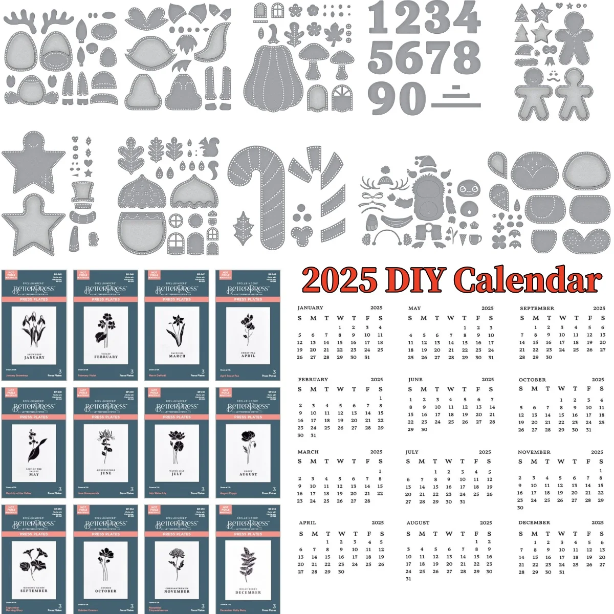 

2025 Happy New Year Calendar Flowers Hot Foil Press Plates Metal Cutting Dies 2024 Christmas for Scrapbook Craft Gift Card