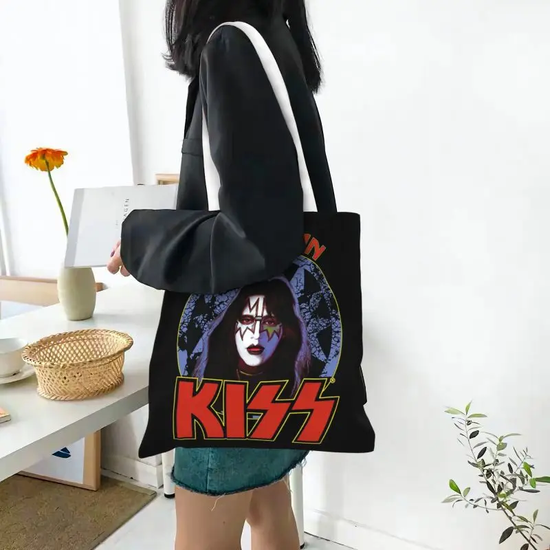 Heavy Metal Rock Band Kiss Boodschappen Boodschappentas Schattige Bedrukte Canvas Shopper Schoudertassen Grote Capaciteit Draagbare Handtas