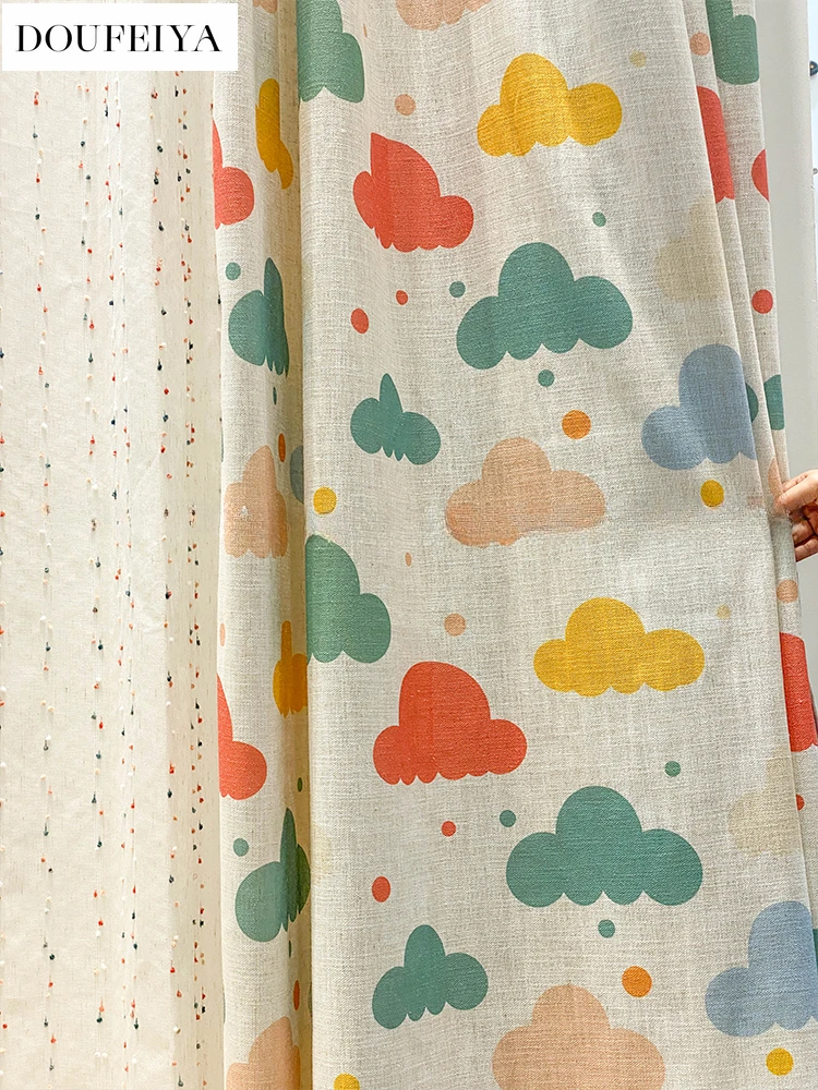 

Children's Curtains for Living Room Bedroom Dining Cute Cartoon Cotton Linen Print Rainbow Cloud Luxury Custom Blackout Tulle