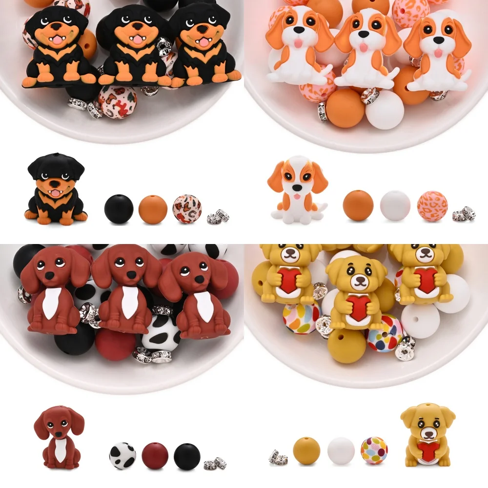 

15/90 шт. силиконовые бусины в виде мультяшных щенков, разноцветные, с леопардовым принтом, круглые, для самостоятельного изготовления цепочек для сосок, брелоков, аксессуаров для ручек