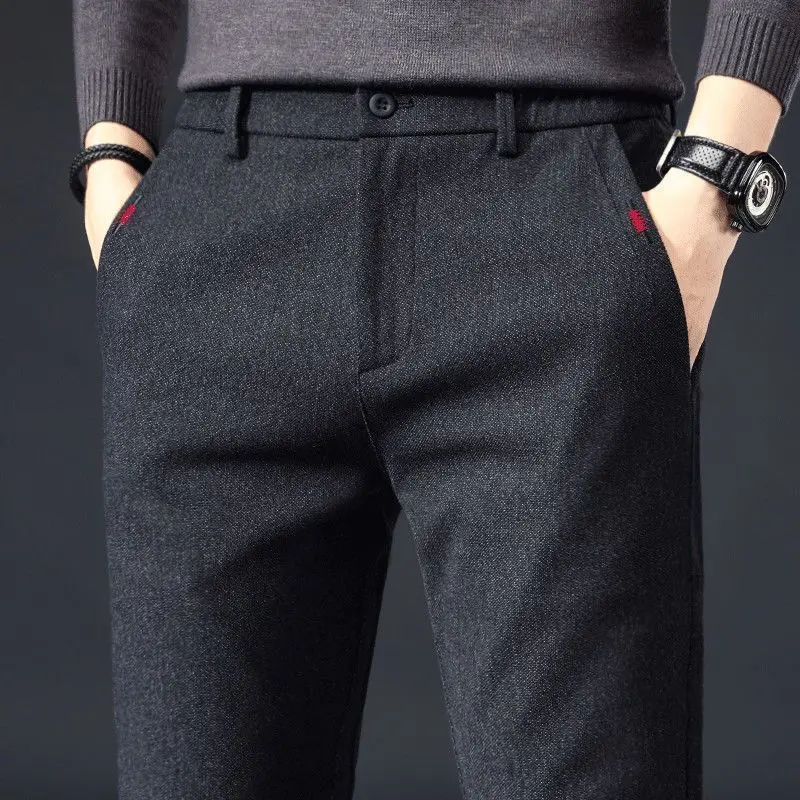 

Autumn Men Straight Suit Pants Business Fashion Stretch Soft Pants Loose Fit Button Thicken Outdoor Casual Solid Trousers