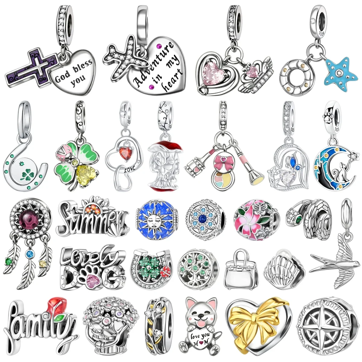 Hot Sales S925 Silver Funny Camera Bag Bee Dog Butterfly Flower Four Leaf Clover Bead Bracelet Necklace Women's DIY Jewelry Gift