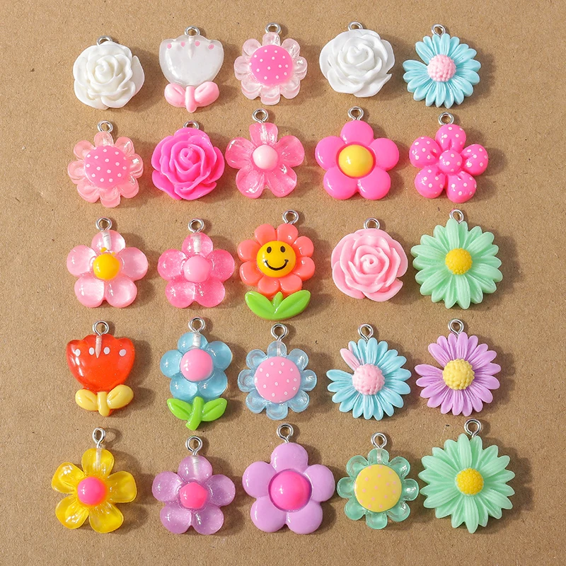 15pcs/lot Mix Cute Resin Flower Charms for Making Earrings Necklace Pendants DIY Handmade Kid's Jewelry Accessories Findings