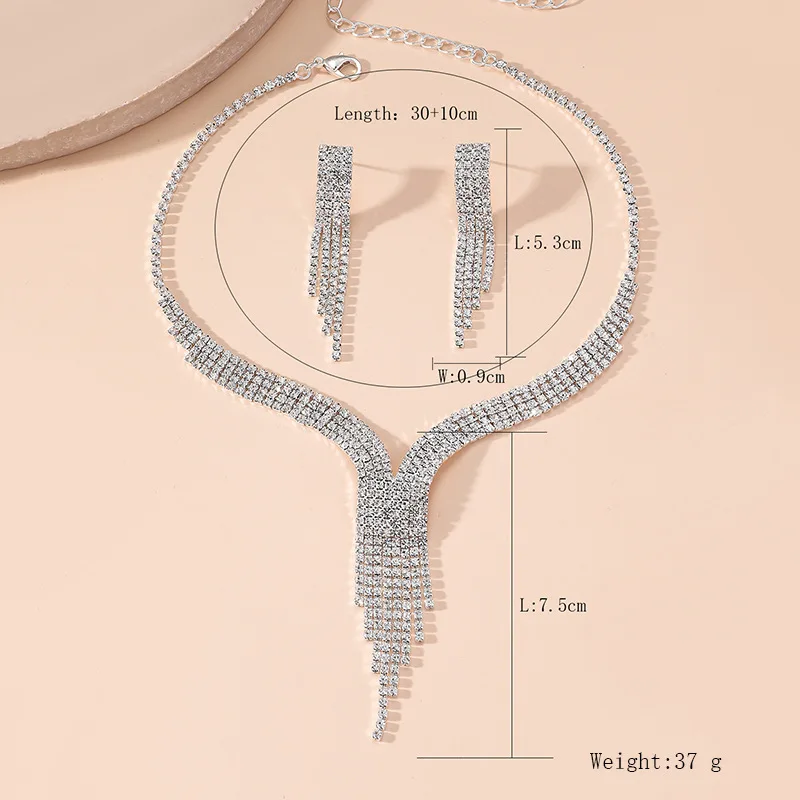 Luxury Geometric Rhinestone Necklace Earrings For Women Long Tassel Jewelry Sets Ladies Weddings Banquet Accessory