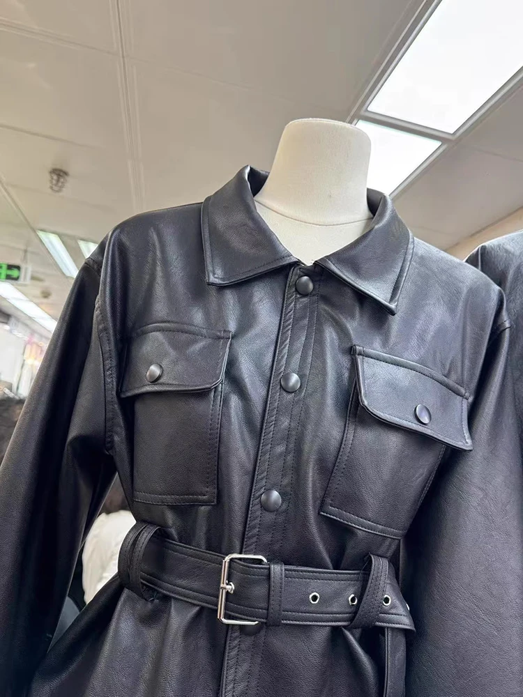 Modieus veelzijdig dames biker leren jack lente 2025 uniek all-match jack buitenkleding losse pasvorm lange mouw