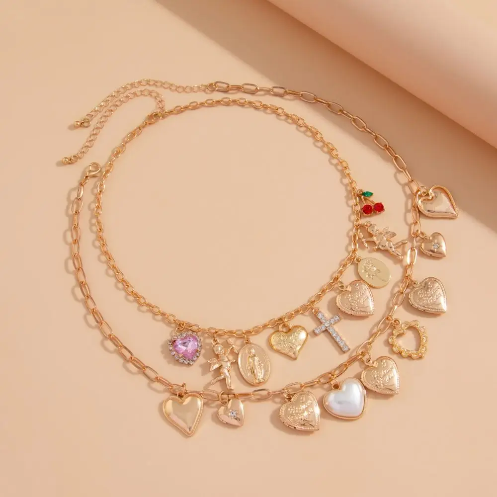 

Vintage Style Heart Pendant Necklace Metal Material Collarbone Chain Rhinestone Cross Choker Multi-Design Double-layer