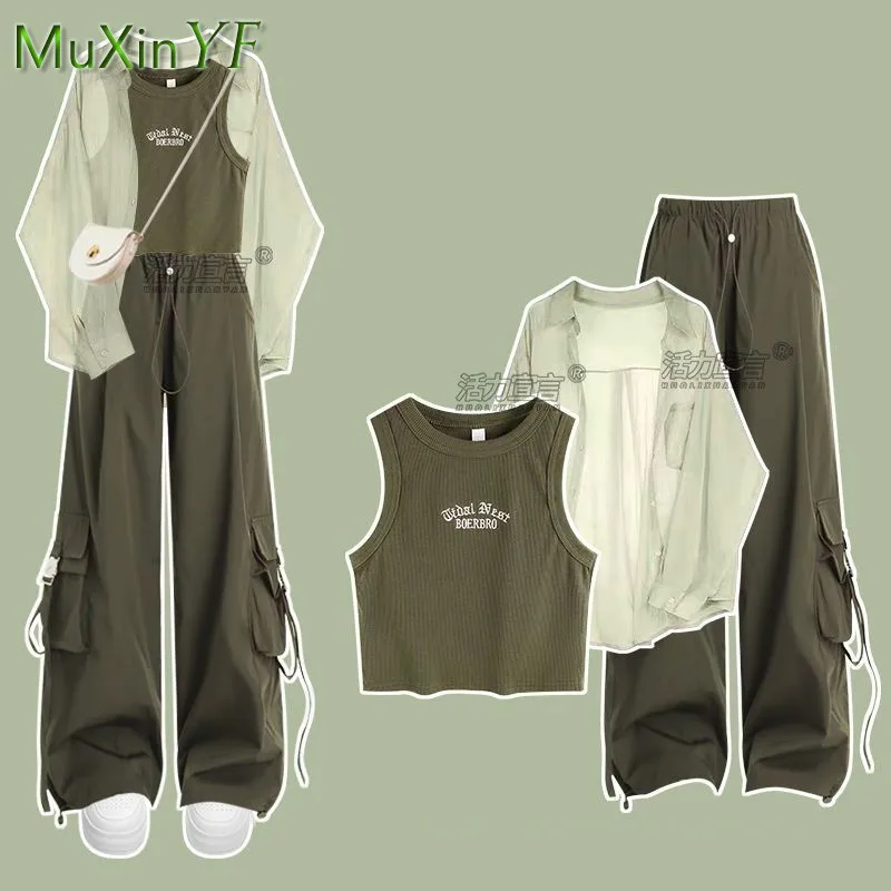 2026 Summer New Korean Elegant Tracksuit Matching Set Women's Fashion Sunscreen Cardigan+Strap+Casual Cargo Pants 3-Piece Suit