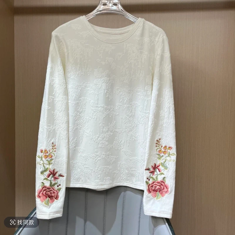 Vintage Embroidery Plus Size Long Sleeve Pullovers Tops Spring Autumn All-match Casual T Shirts Fashion Harajuku Women Clothing