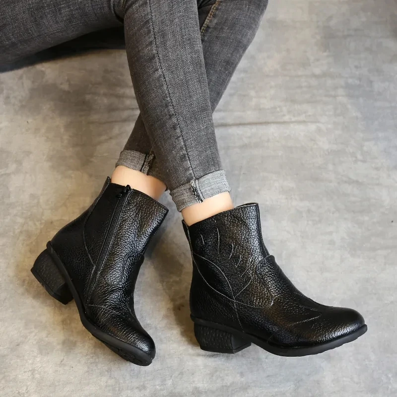 Genuine Leather Boots Woman Winter 2022 Round Toe Ankle Boot Female Low Heel Shoe Woman Short Booties Black Red