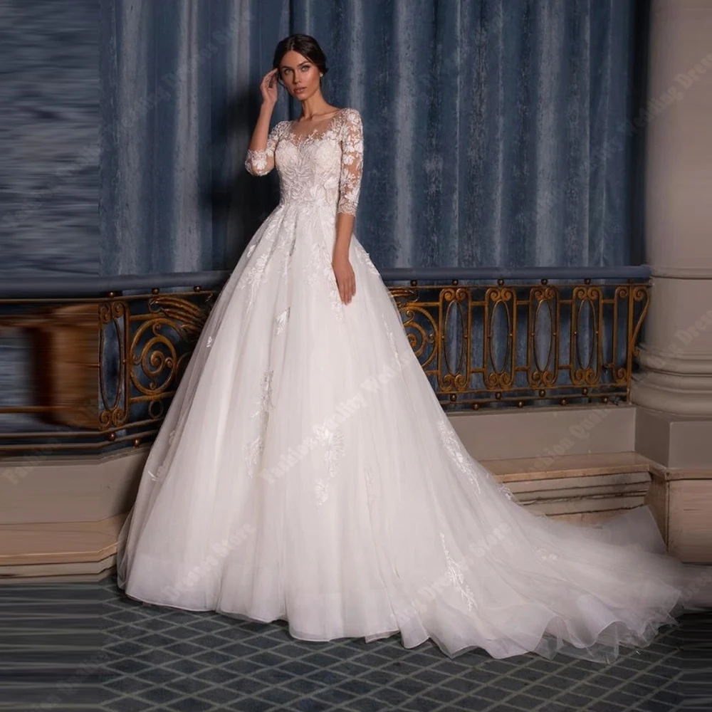 

Sweetheart Collar Women Wedding Dresses Three-Quarters Sleeves Bride Princess Gowns Mopping Length Vestidos De Noches Customized