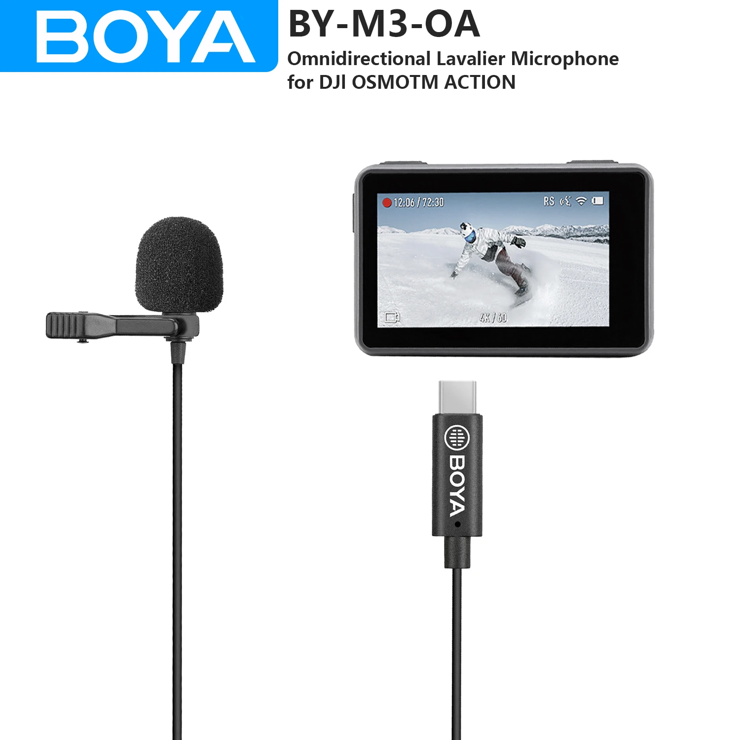 BOYA BY-M3-OA 2m Condenser Lavalier Microphone for DJI OSMO ACTION I Youtube Blogging Live Streaming Facebook Vlogging Traveling