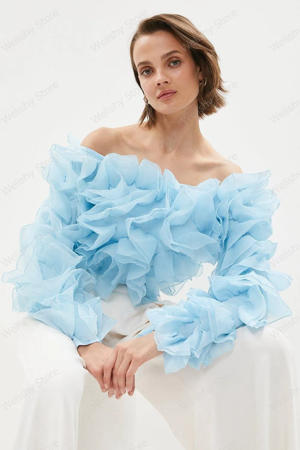 Puffy Off Shoulders Ruffled Short Tulle Tops Sky Blue Tiered Tutu Summer Blouse Women Fashion Illusion Beach Organza Party Top