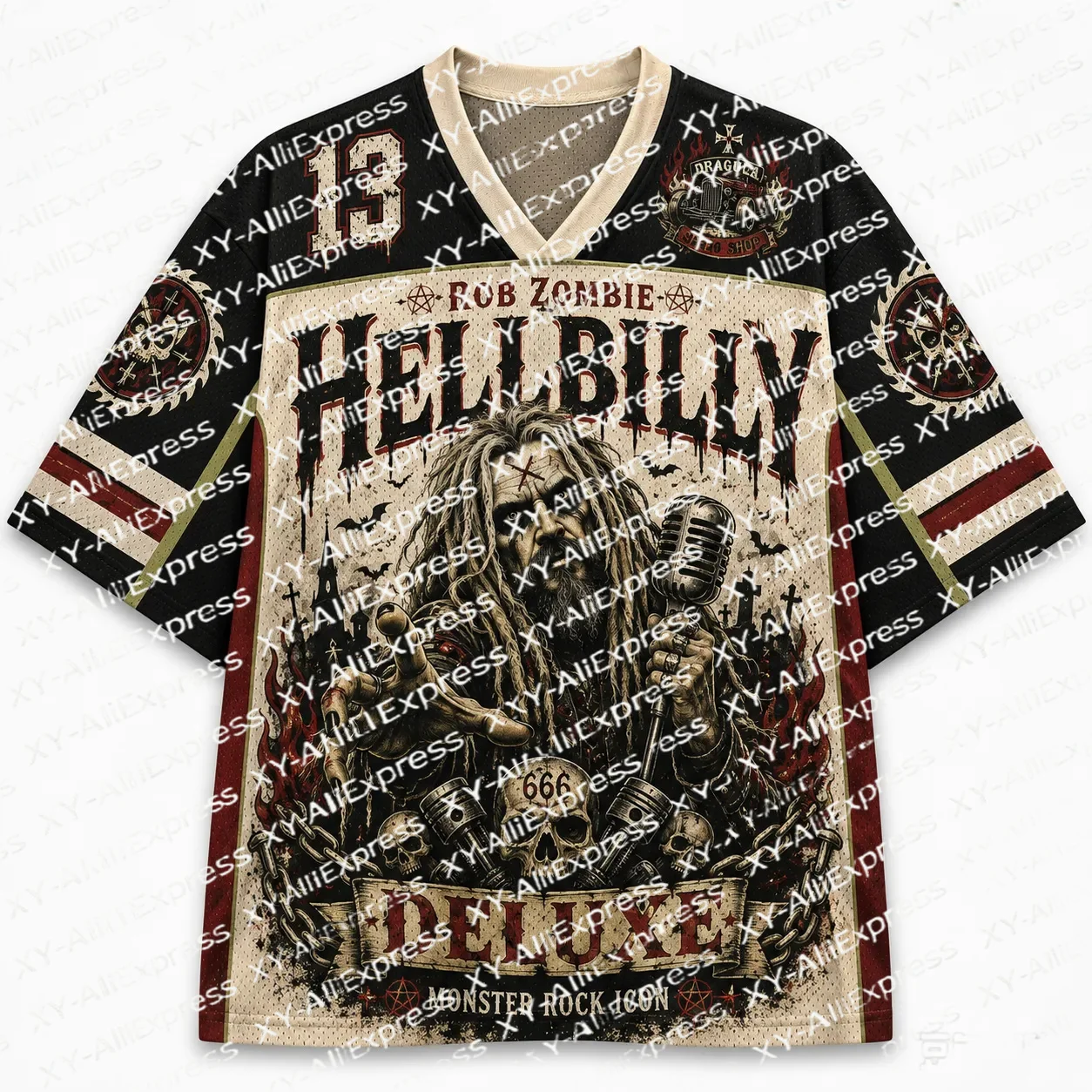 Dark Retro Monster Rock-themed Sports Jersey, Breathable Top, Skull Flame Vintage Microphone Print, Alternative Street Style