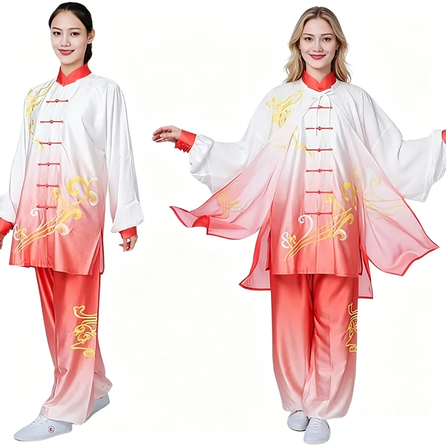 Women Men Tai Chi Clothing Set Elastic Cotton-Silk Dragon Phoenix Embroidery Martial Arts Uniform with Optional Cape