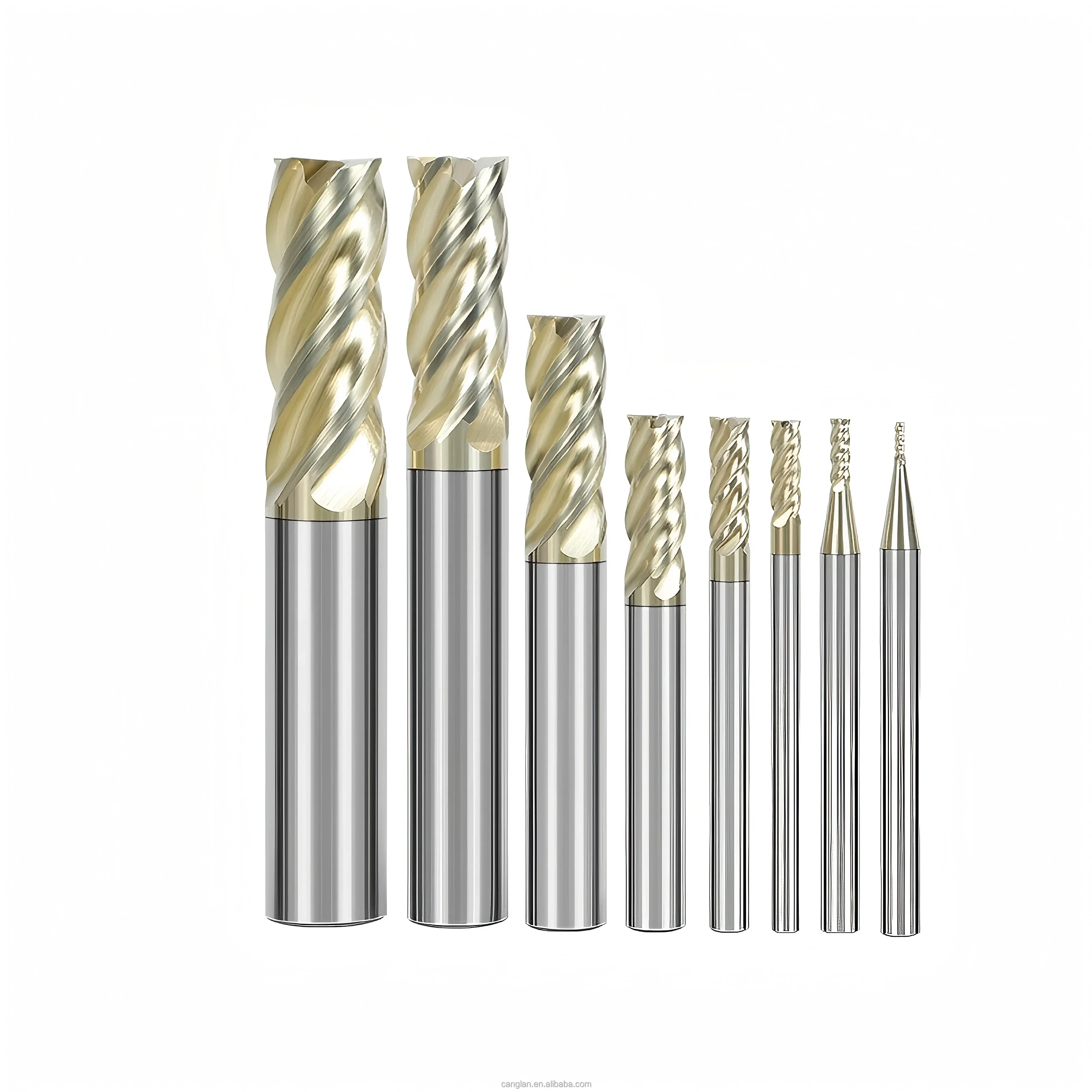 Alloy steel end mills, tin-plated/aluminum-tin plated, aerospace-grade high-speed milling, 10 per box.