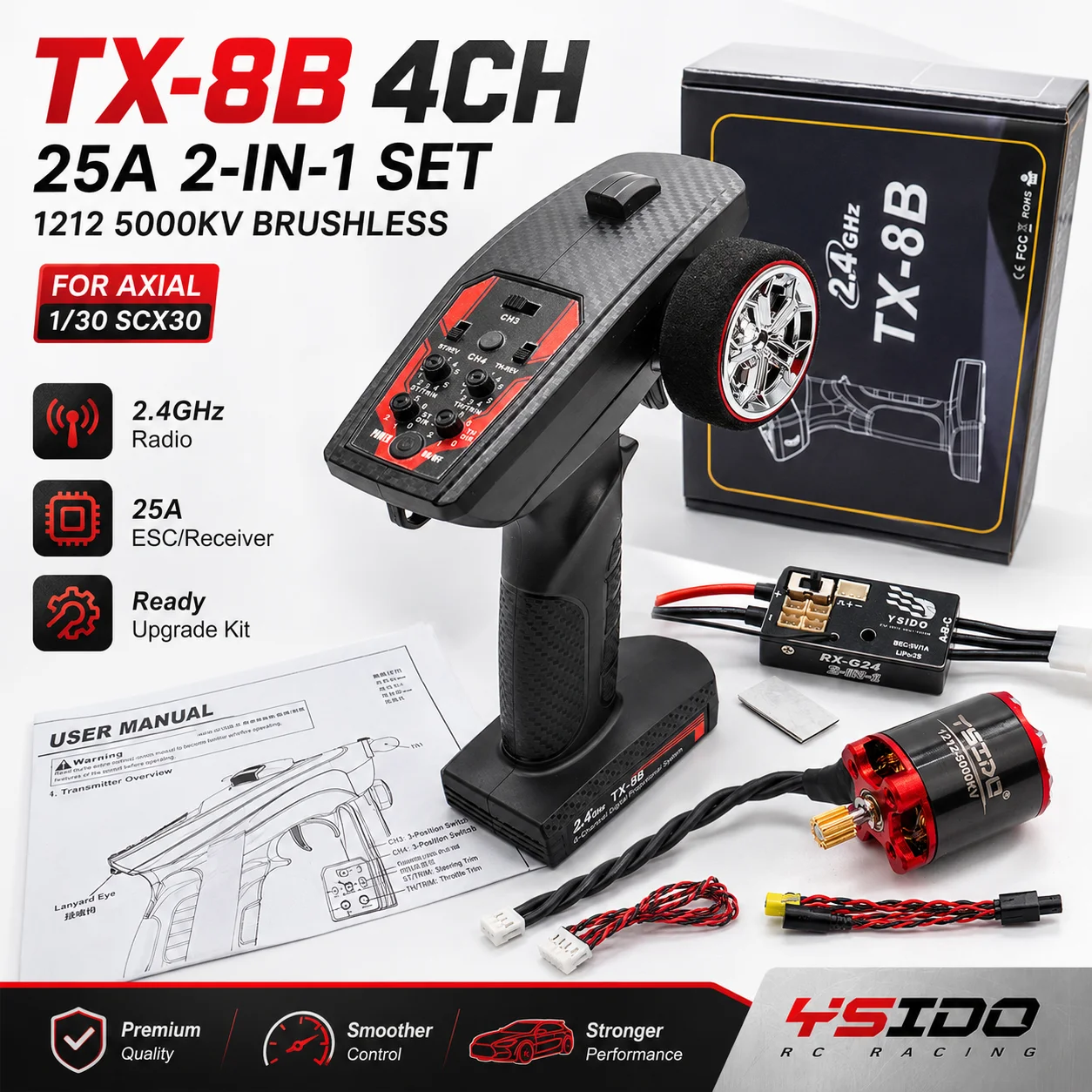Emetteur-ysido-tx-8b-4ch-esc-rx-g24-25a-ensemble-2-en-1-moteur-brushless-1212-5000kv-outrunner-pour-pieces-de-voiture-rc-axial-1-30-scx30