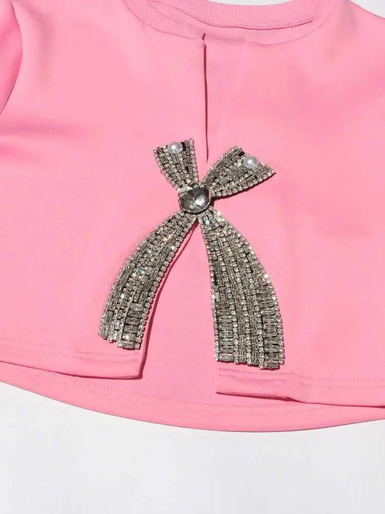 الوردي الصلبة مزاجه تقسم الماس المحاصيل الأعلى للنساء الجولة الرقبة قصيرة الأكمام المرقعة اللؤلؤ شيك تي شيرت الإناث P1LA #6