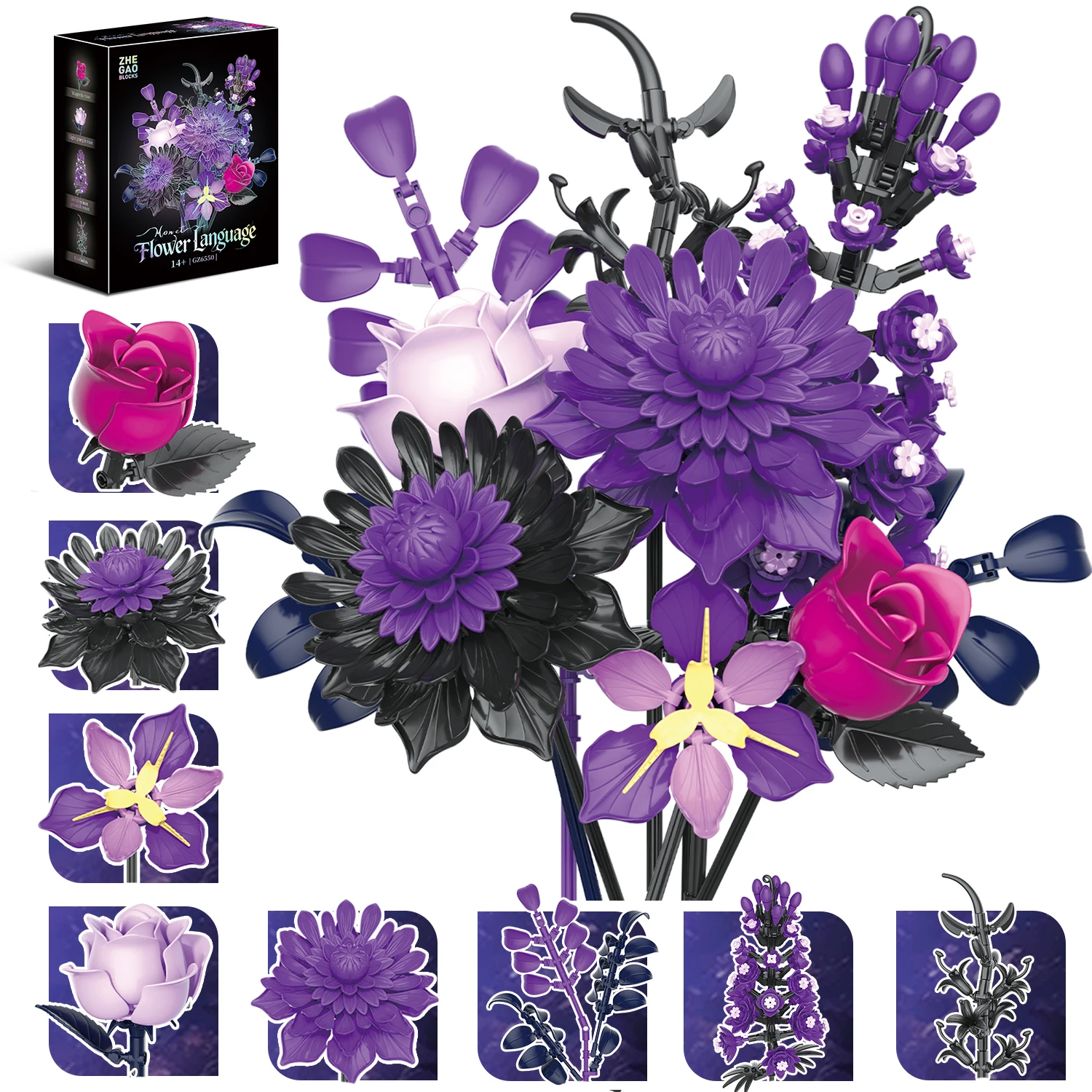 Bouquet di rose nere viola Set di blocchi di fiori Collezione botanica Decorazione domestica gotica Modello di mattoni Giocattolo per regalo per adulti