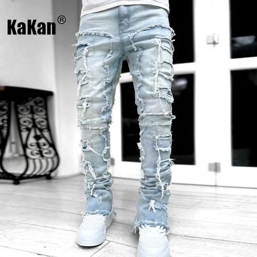 Kakan - Nuevos pantalones vaqueros con parches elásticos Streetwise de peso pesado europeo y americano para hombres, pantalones vaqueros largos de corte recto High Street16-3001