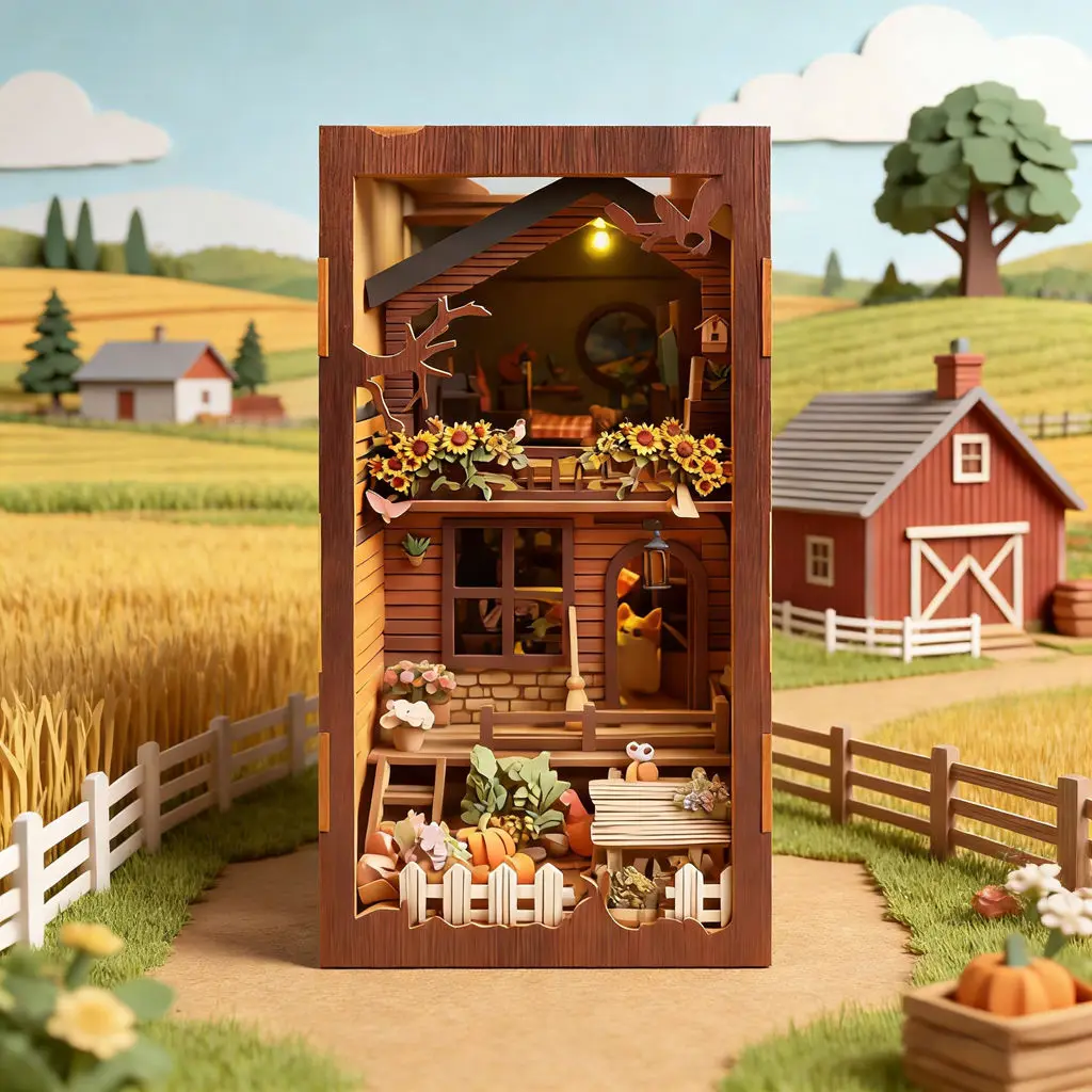 Rustic Cottage 3D DIY Bookend - Handmade Assembly Miniature Model, Cozy Lit Desktop Decor, Creative Gift Toy Puzzle